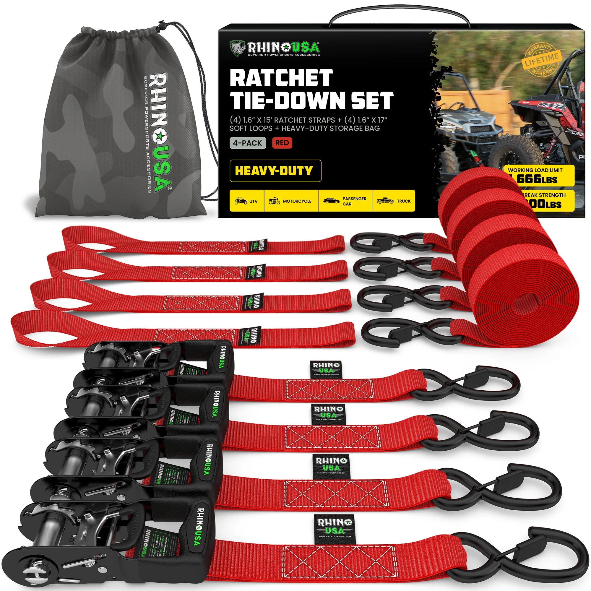 1.6" x 15' HD Ratchet Tie-Down Set (4-Pack) - Image 3