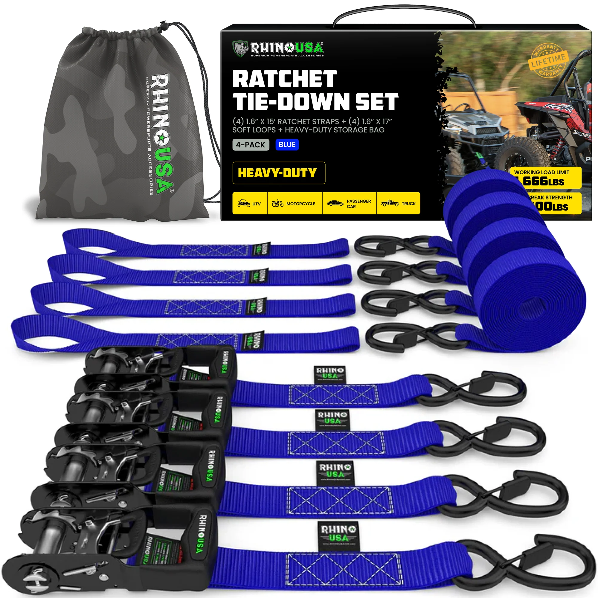 1.6" x 15' HD Ratchet Tie-Down Set (4-Pack) - Image 4
