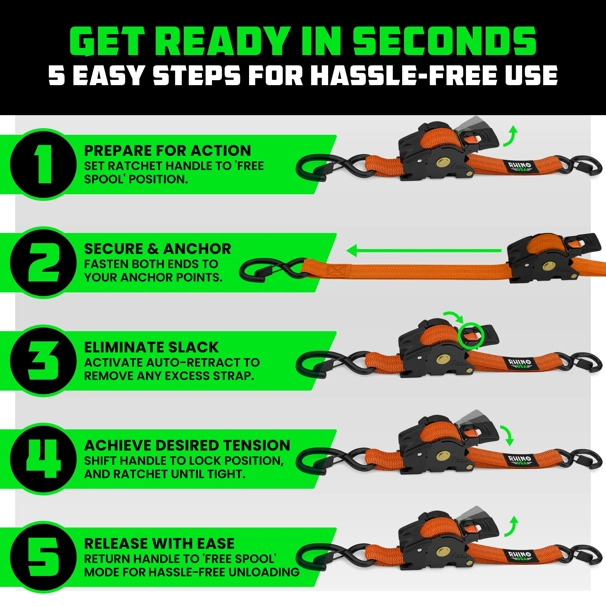 1" x 10' Retractable Ratchet Straps - Image 158