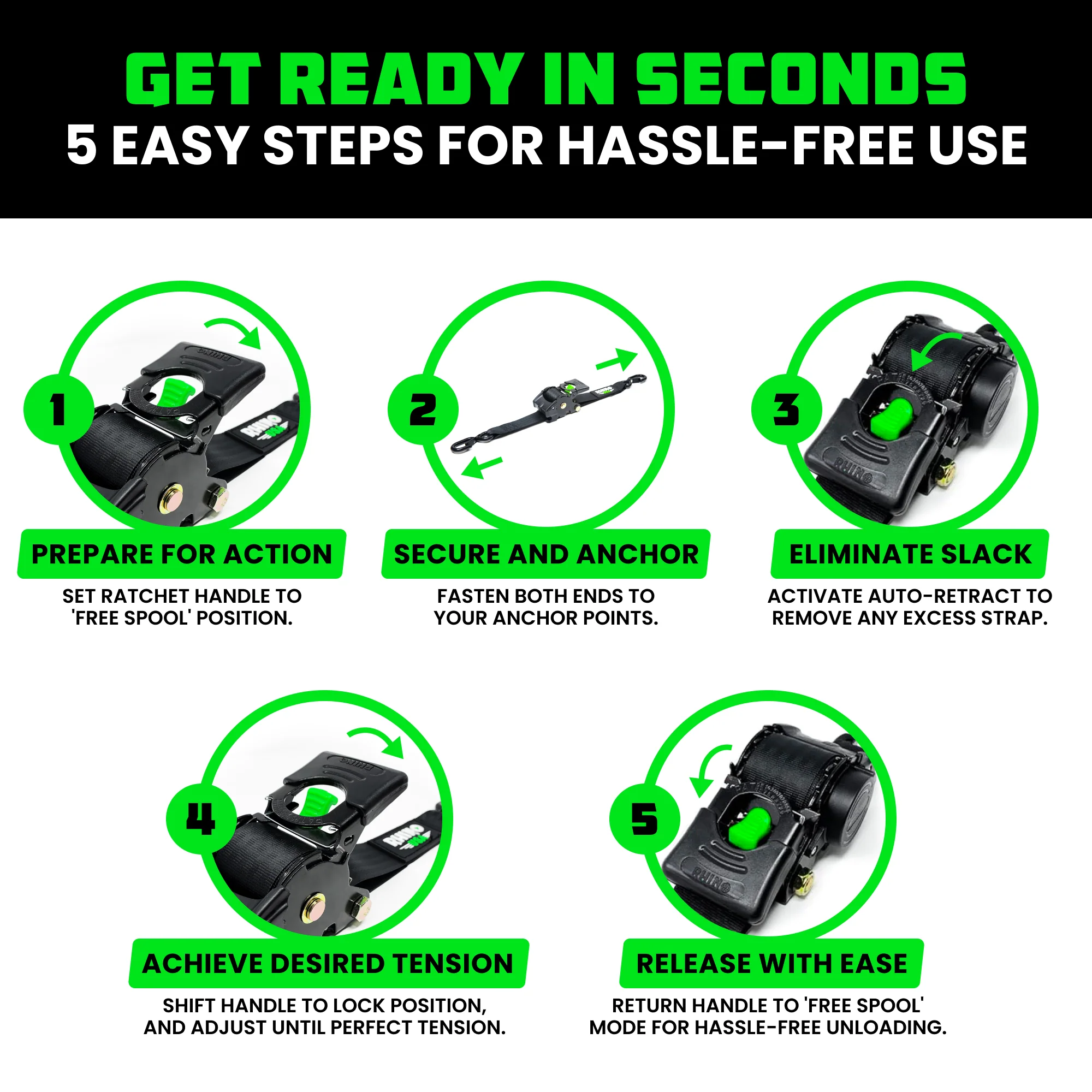 1" x 10' Retractable Ratchet Straps - Image 16