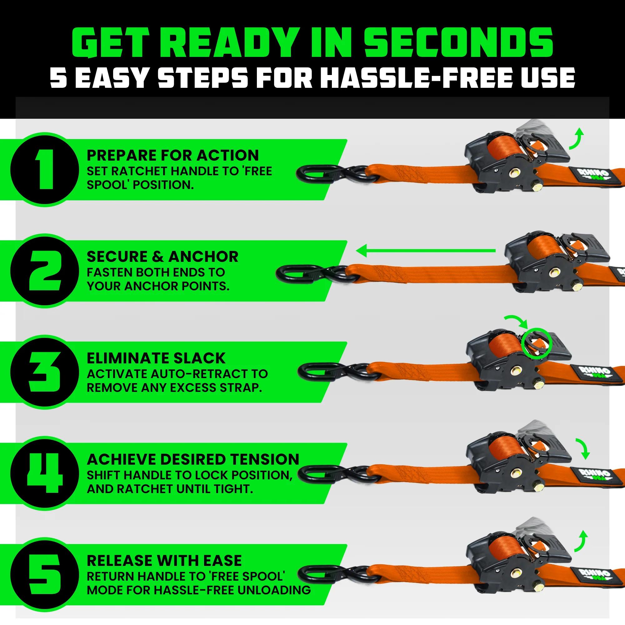 2" x 10' Retractable Ratchet Straps - Image 44