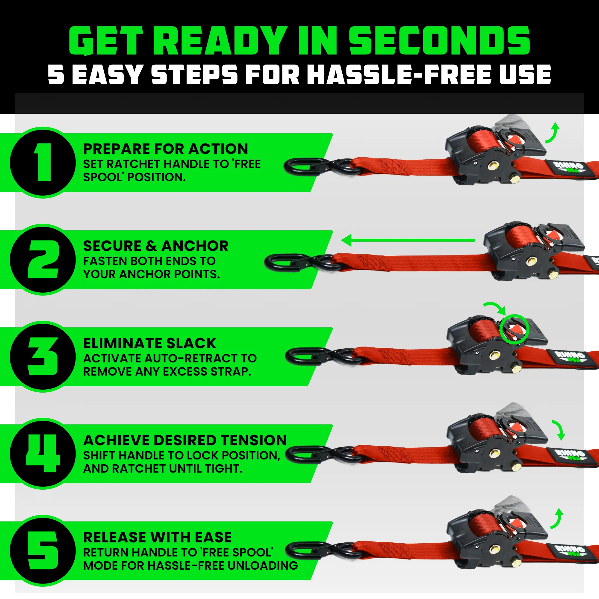 2" x 10' Retractable Ratchet Straps - Image 65