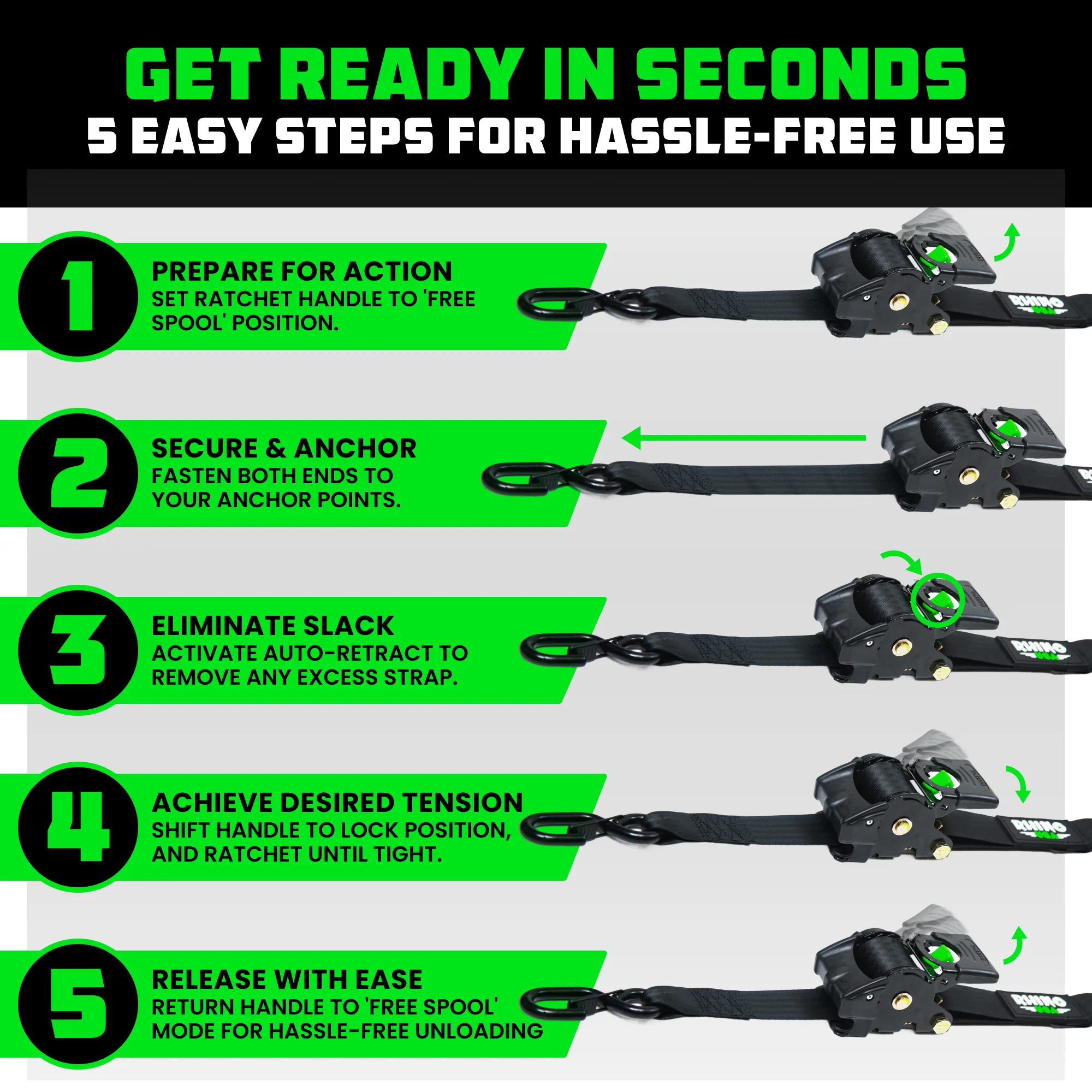 2" x 10' Retractable Ratchet Straps - Image 8