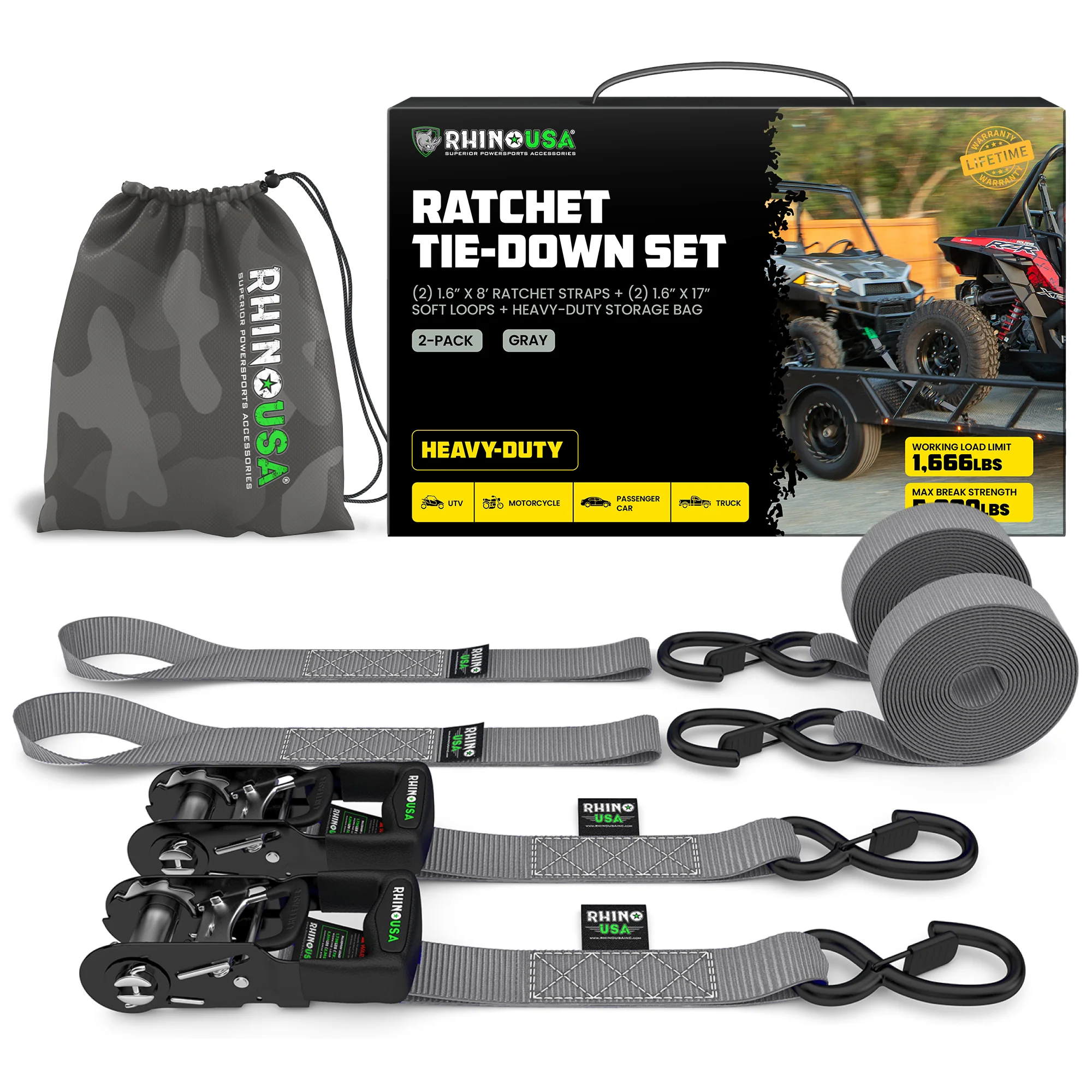 1.6" x 8' HD Ratchet Tie-Down Set (2-Pack) - Image 3