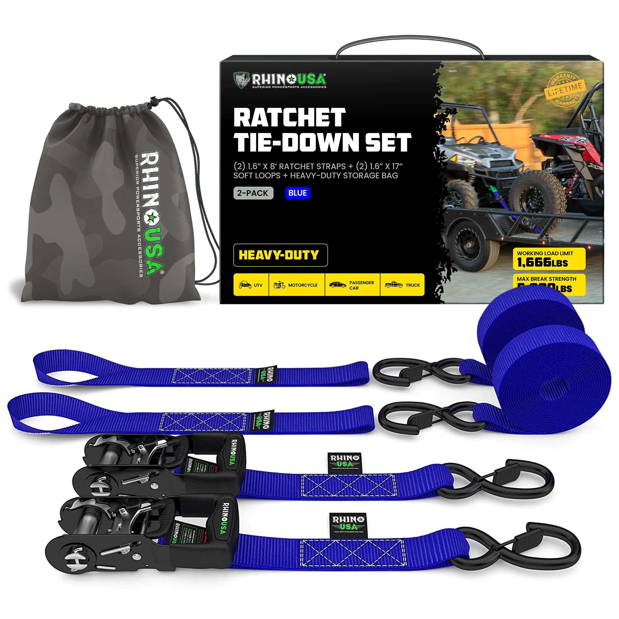 1.6" x 8' HD Ratchet Tie-Down Set (2-Pack) - Image 4
