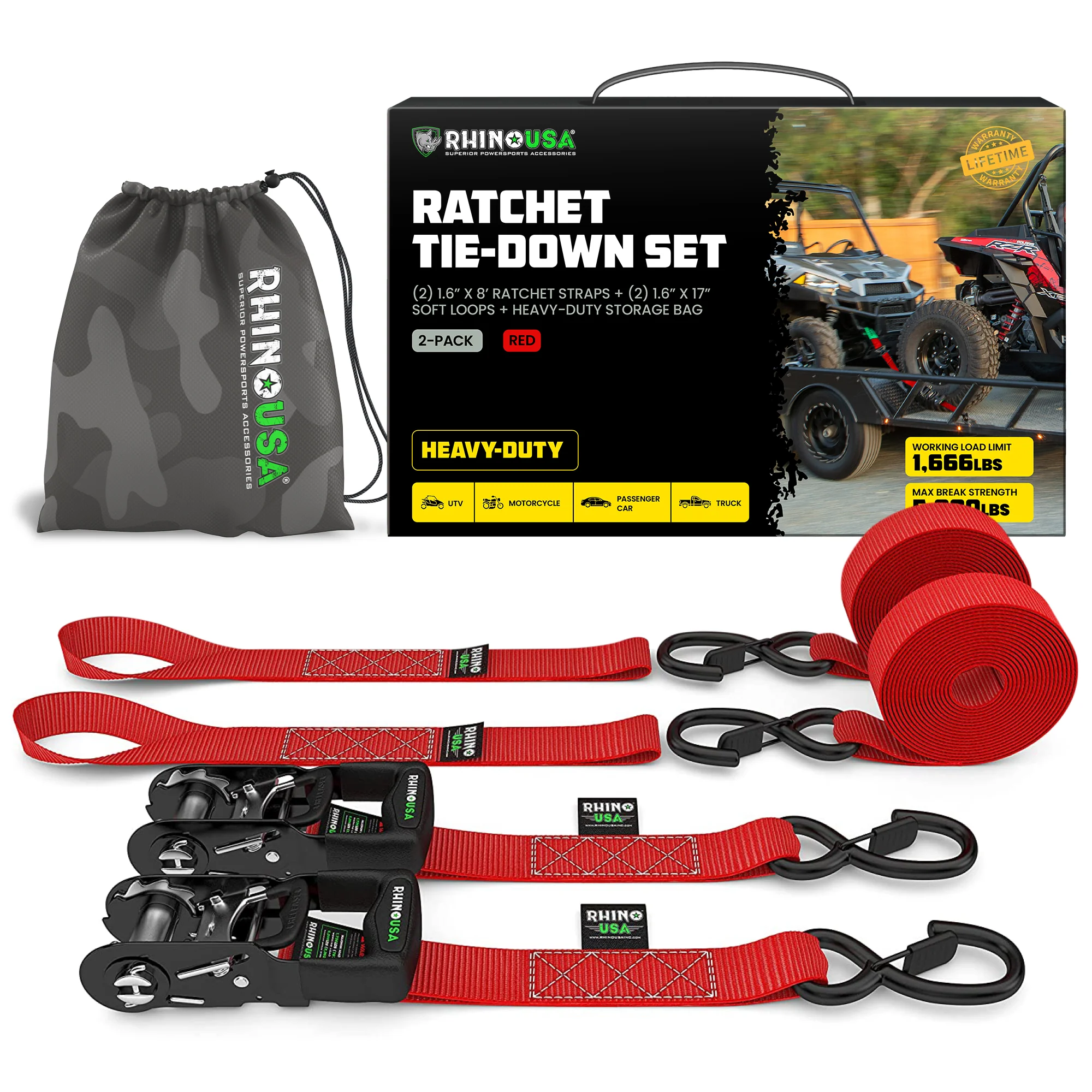 1.6" x 8' HD Ratchet Tie-Down Set (2-Pack) - Image 6